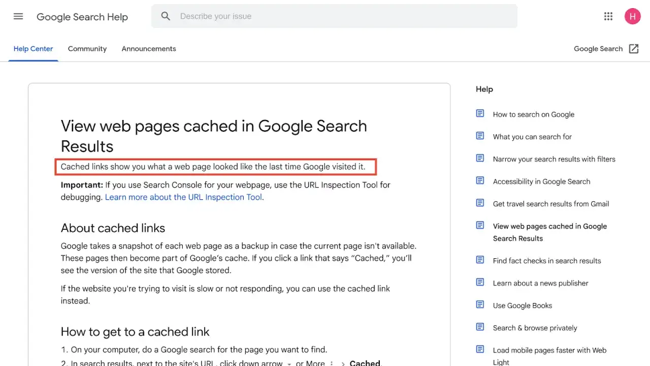 Google Cache przykład strony