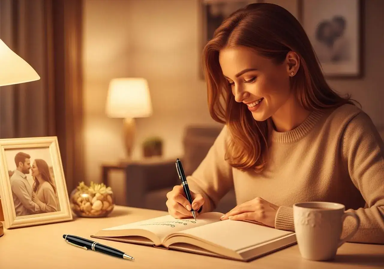 kobieta pisząca życzenia na ozdobnej kartce pi&oacute;rem