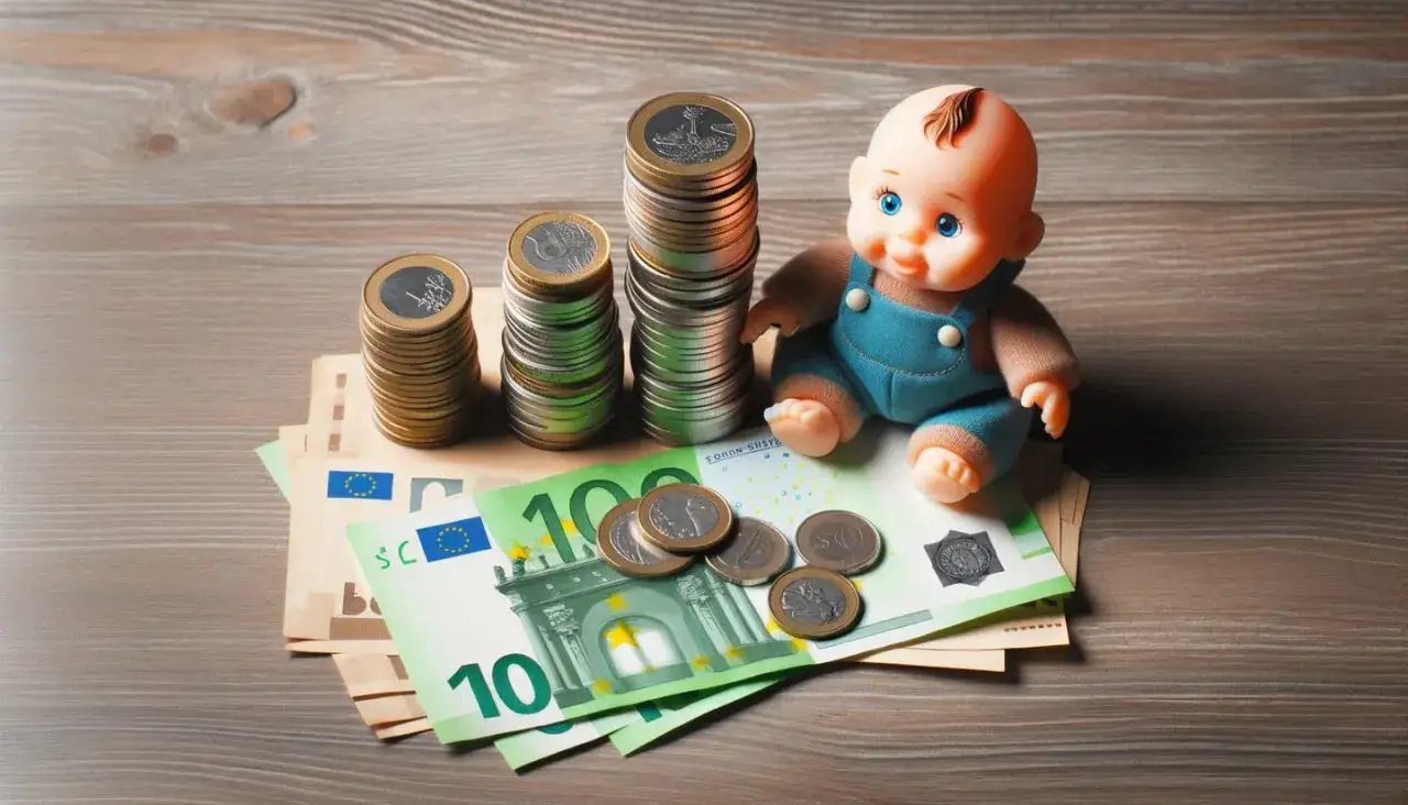 Lalka-dziecko siedzi obok rosnących stosów monet i banknotów. Zastanawiasz się, ile kosztuje sprawa o alimenty u adwokata?