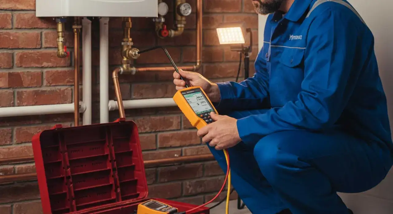 Technik w niebieskim kombinezonie wykonuje sprawdzenie szczelności instalacji gazowej za pomocą detektora. Obok leży czerwona walizka z narzędziami.