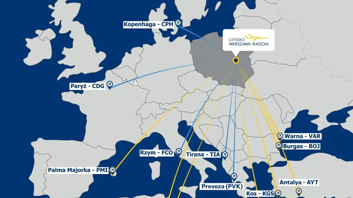 Mapa połączeń lotniska Radom siatka lot&oacute;w