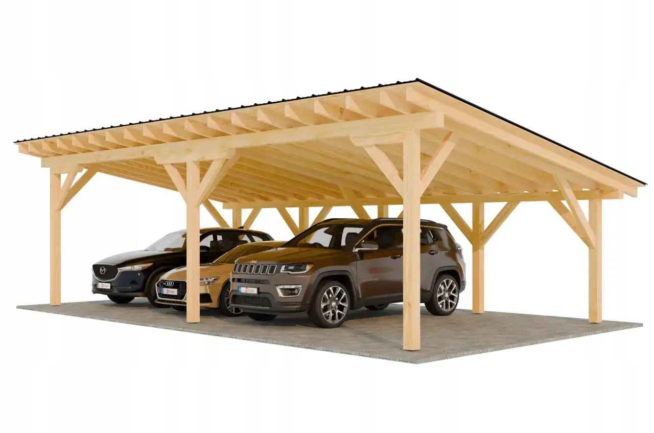 Drewniana wiata z dachem jednospadowym chroni trzy samochody. Prosty projekt, jak zbudować wiatę z dachem jednospadowym.