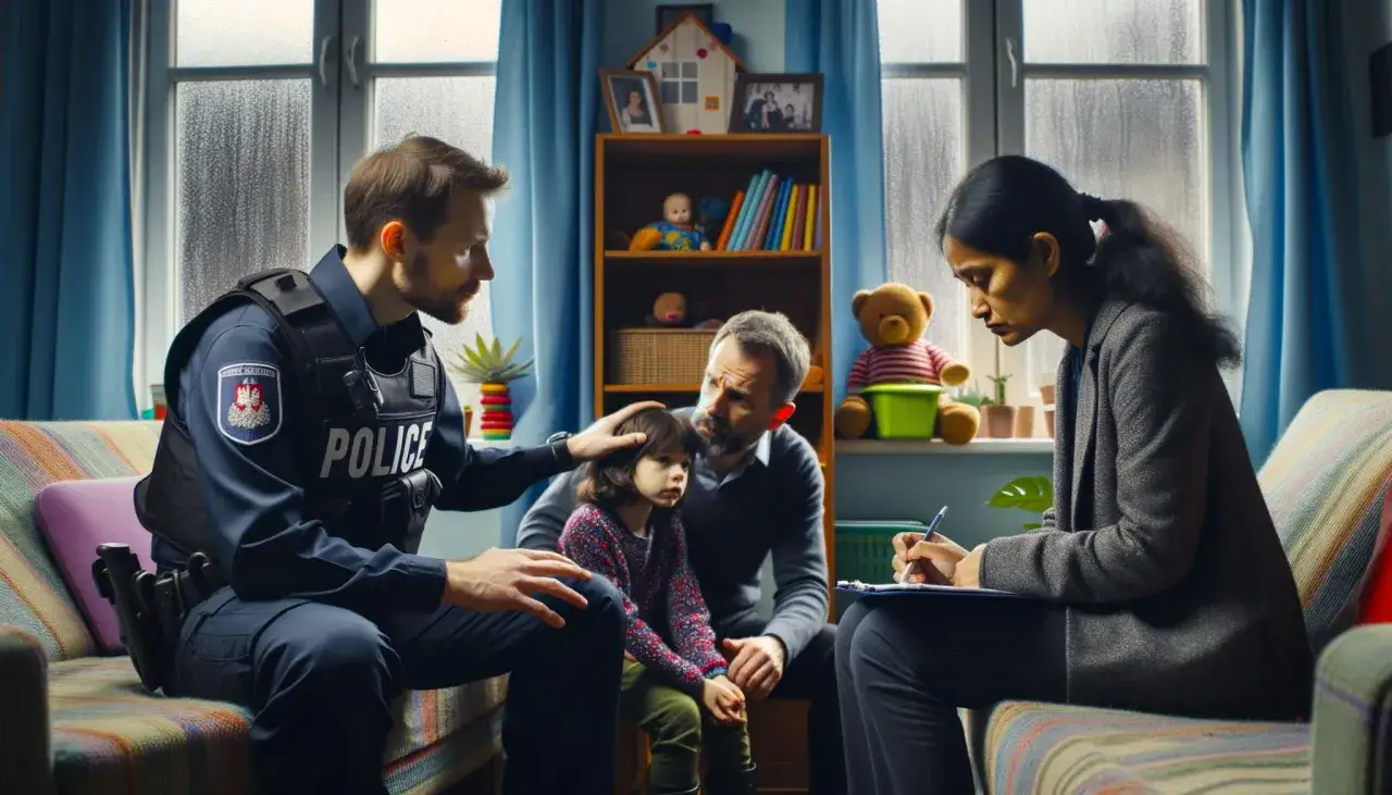 Policjant i pracownik socjalny rozmawiają z rodzicami o sytuacji dziecka. To trudne chwile, za co mogą odebrać dzieci rodzicom.