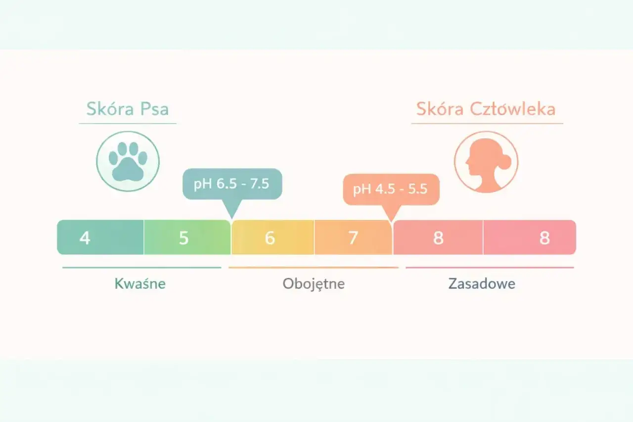 Por&oacute;wnanie pH sk&oacute;ry psa (6.5-7.5) i człowieka (4.5-5.5). Unikaj składnik&oacute;w jak sodium coco sulfate, kt&oacute;re mogą naruszyć r&oacute;wnowagę.