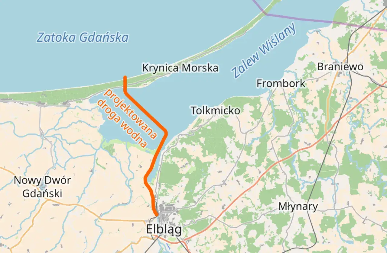 Mapa Mierzei Wiślanej z Krynicą Morską