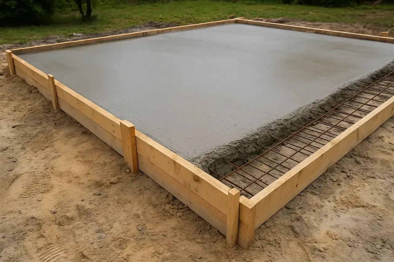Świeżo wylany beton na fundamencie, z widoczną zbrojeniem. To pierwszy krok, jak zrobić beton architektoniczny.