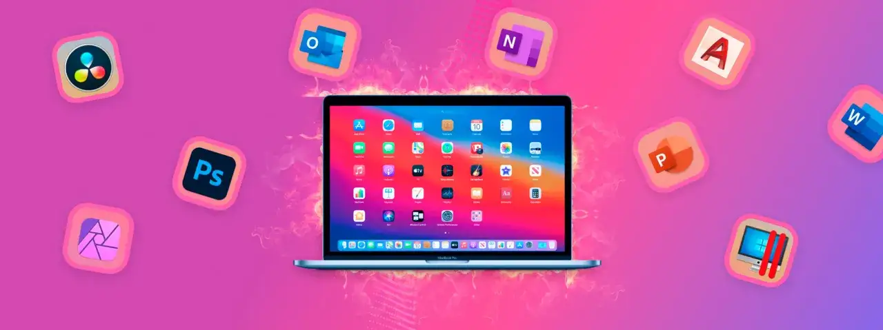 MacBook z ikonami aplikacji, pokazujący jak znaleźć zainstalowane aplikacje. Widoczne ikony: DaVinci Resolve, Photoshop, Outlook, Word, PowerPoint, OneNote.