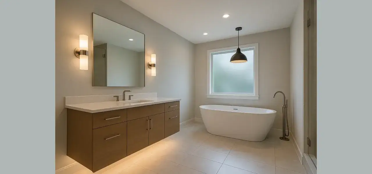 Nowoczesna łazienka z ledami pod szafką, wolnostojącą wanną i prysznicem.