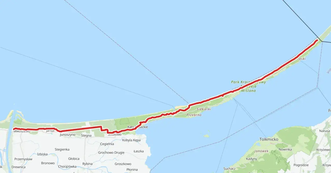 Trasa z Gdańska do Krynicy Morskiej przez Mierzeję Wiślaną. Ile jest kilometrów z Gdańska do Krynicy Morskiej? Mapa pokazuje drogę przez Mikoszewo, Stegnę, Kąty Rybackie.