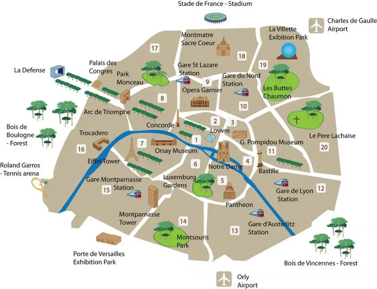Mapa Paryża z zaznaczonymi atrakcjami: Wieża Eiffla, Luwr, Notre Dame. Idealny przewodnik, co zwiedzić w Paryżu.