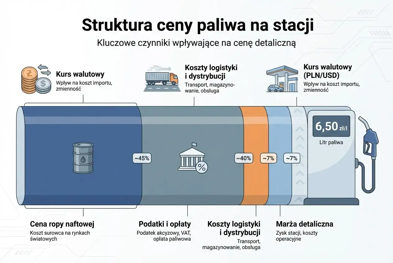 Czynniki wpływające na ceny paliw, baryłka ropy, kurs dolara, podatki paliwowe