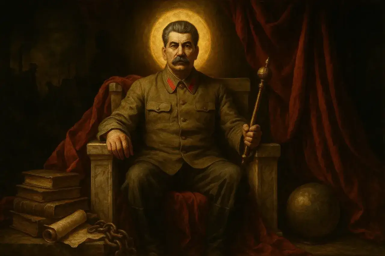 Stalin na tronie, otoczony aurą, symbolizuje relacje międzyludzkie w rzeczywistości państwa totalitarnego, gdzie władza jest absolutna.
