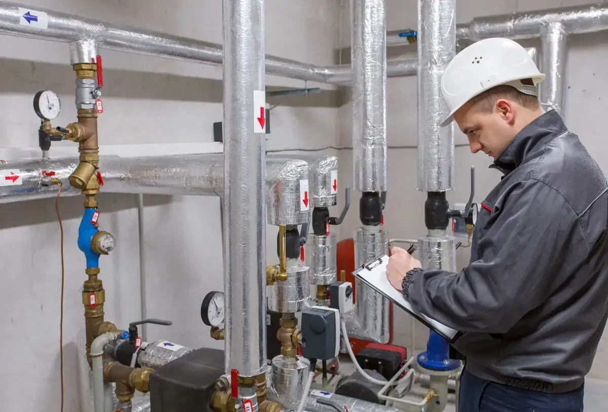 Mężczyzna w kasku sprawdza instalację hydrauliczną, notując coś na kartce. Tak można zacząć karierę, jak zostać hydraulikiem bez szkoły.