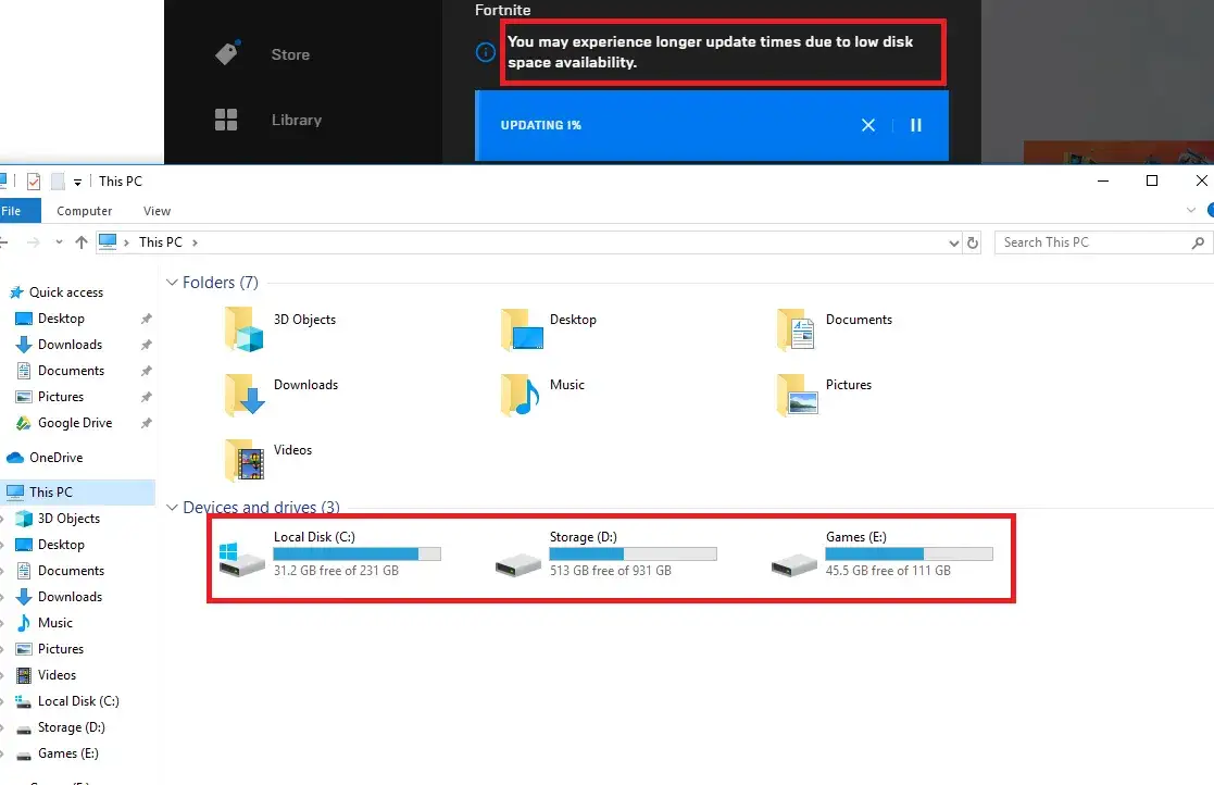 Rozmiar folderu gry Fortnite na PC