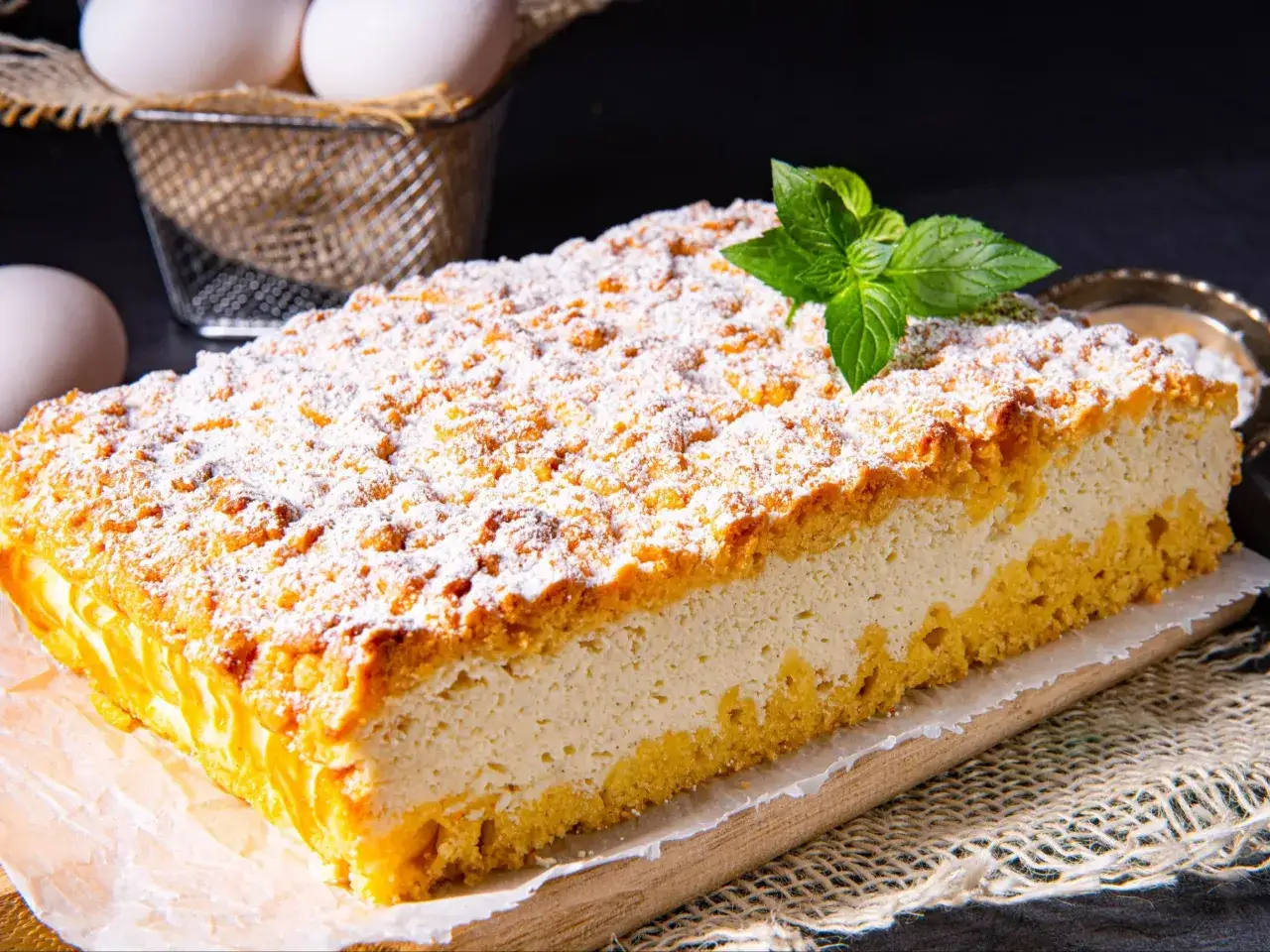 Pyszny sernik z 1kg sera, posypany cukrem pudrem i udekorowany miętą. Ile czasu piec sernik z 1kg sera?