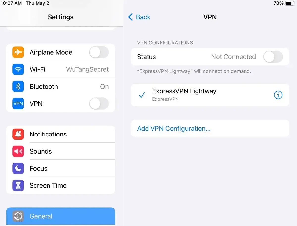 iPhone settings VPN toggle