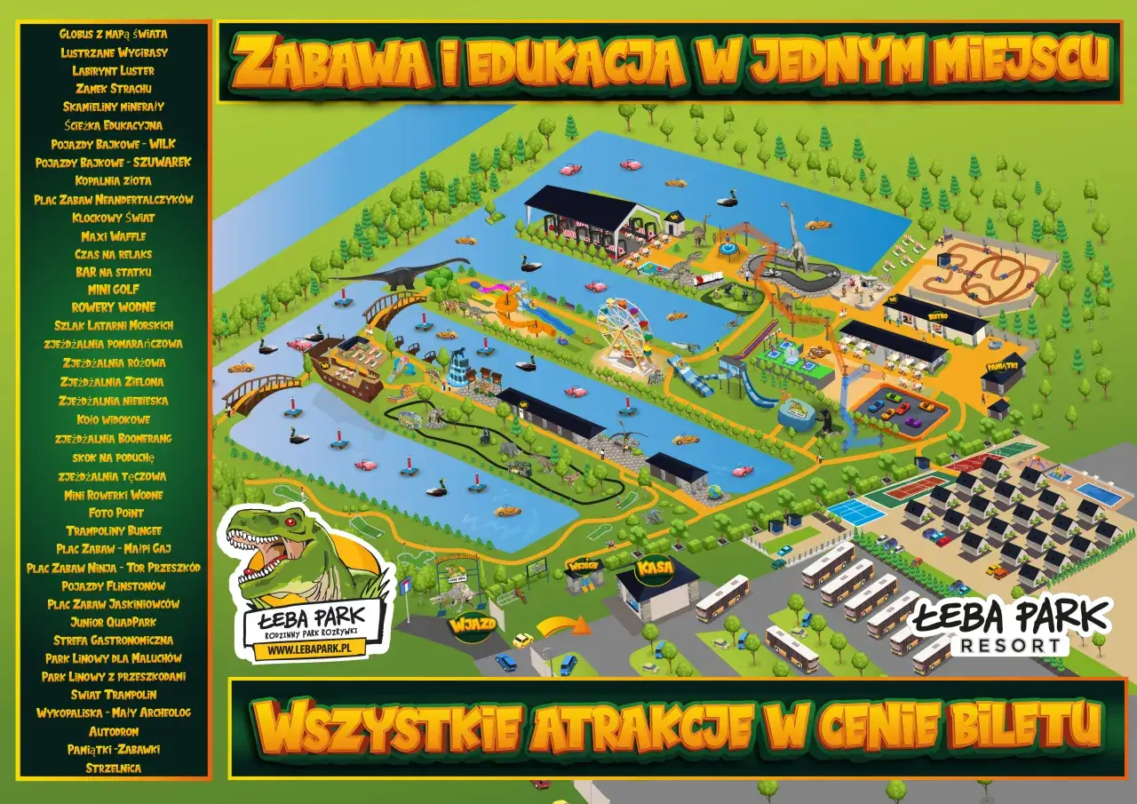 Mapa Łeba Park z atrakcjami: zjeżdżalnie, park linowy, place zabaw, mini golf, karuzele i wiele więcej dla całej rodziny.