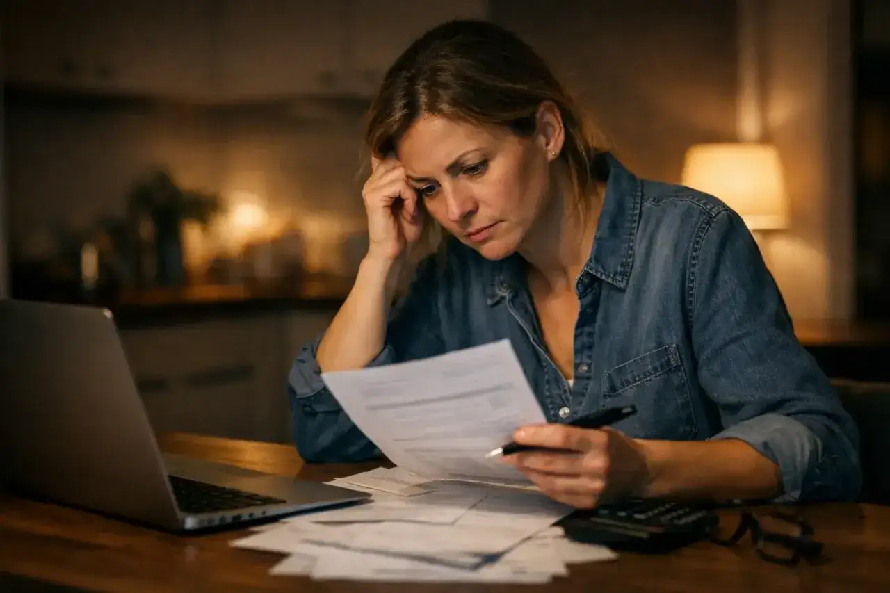 Zamyślona kobieta analizuje dokumenty, przygotowując się do postępowania spadkowego u notariusza.
