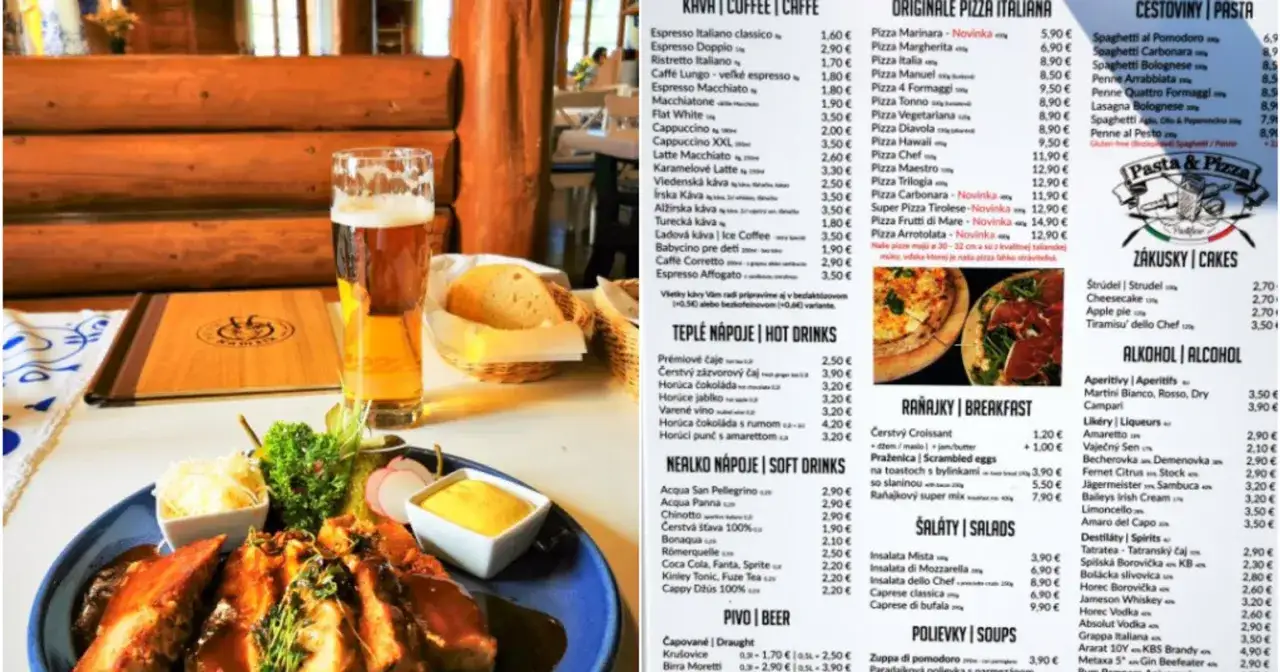 Przykładowe ceny na Słowacji menu restauracja