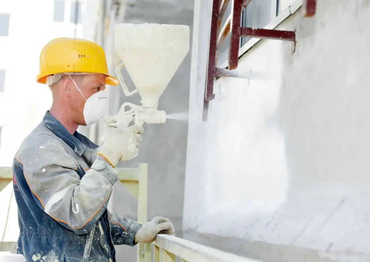 Budowlaniec w żółtym kasku i masce nakłada tynk na elewację za pomocą agregatu. Dobry kompresor do tynkowania elewacji to klucz do szybkiej pracy.