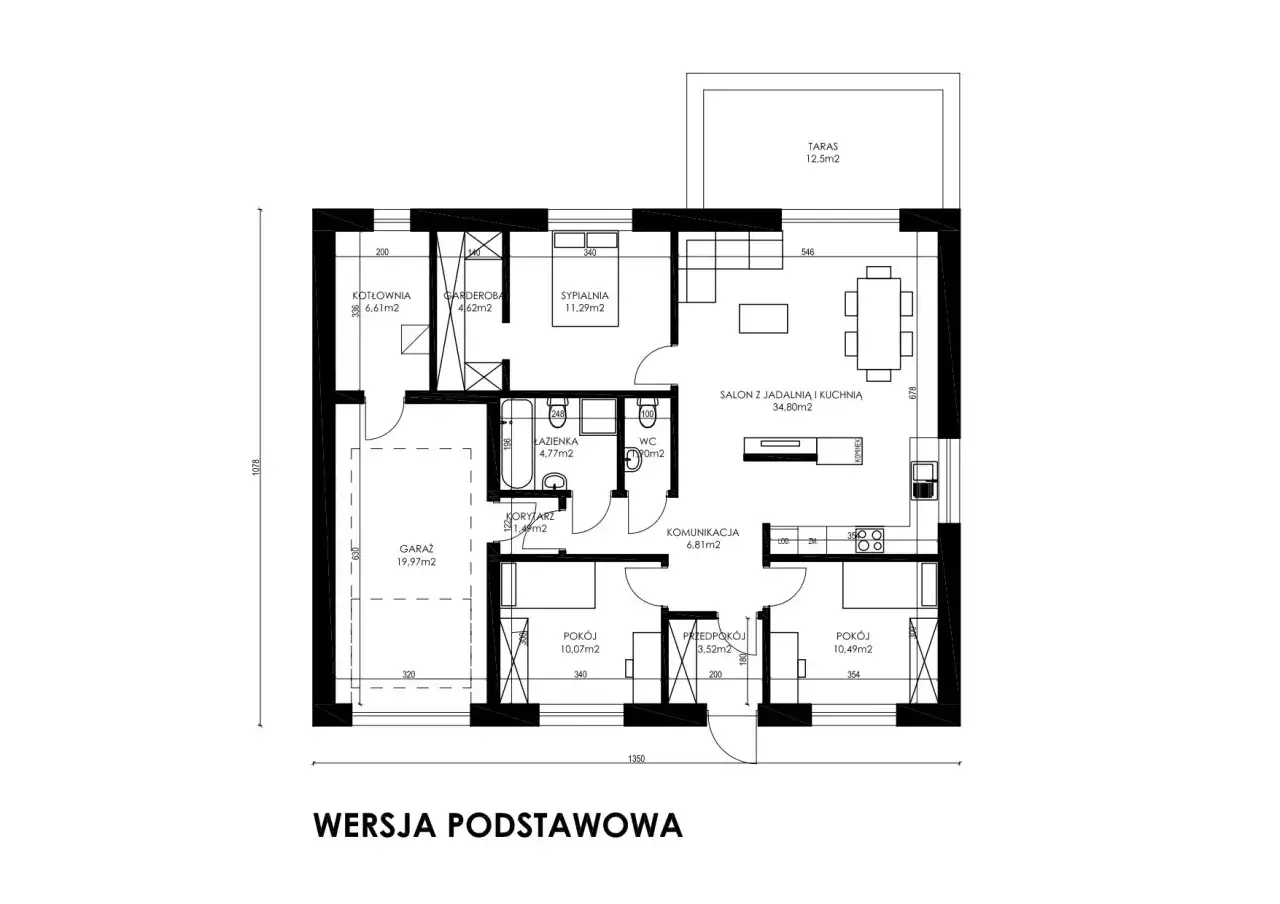Projekt garażu 100m2: kotłownia, garderoba, sypialnia, salon z jadalnią i kuchnią, łazienka, WC, komunikacja, dwa pokoje, przedpokój, garaż i taras.