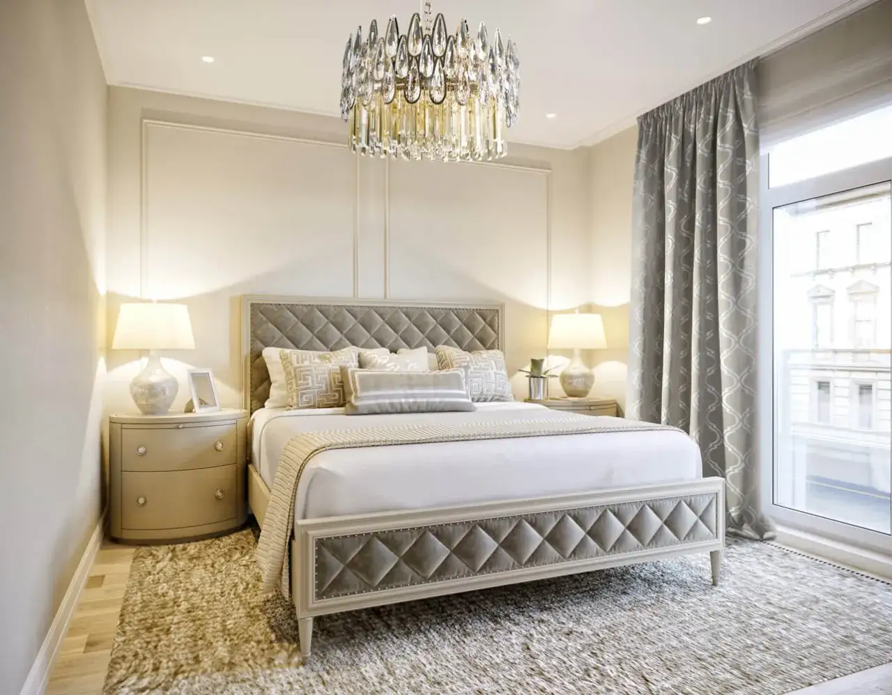 Dodatki do beżowej sypialni tekstylia lampy dekoracje