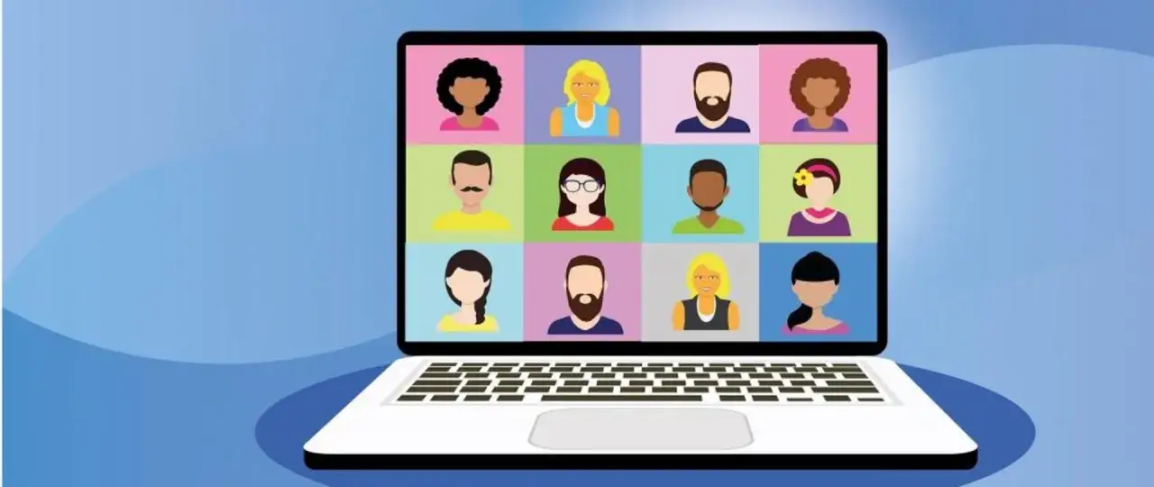 Ekran laptopa z ikonami osób w kolorowych kwadratach. Czy będzie zdalne nauczanie w szkołach podstawowych?