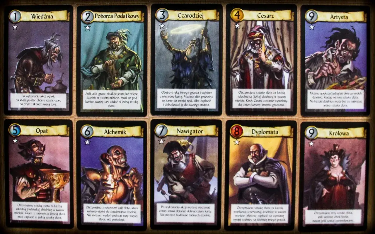 Karty postaci z gry planszowej Cytadela: Wiedźma, Poborca Podatkowy, Czarodziej, Cesarz, Artysta, Opat, Alchemik, Nawigator, Dyplomata, Królowa.