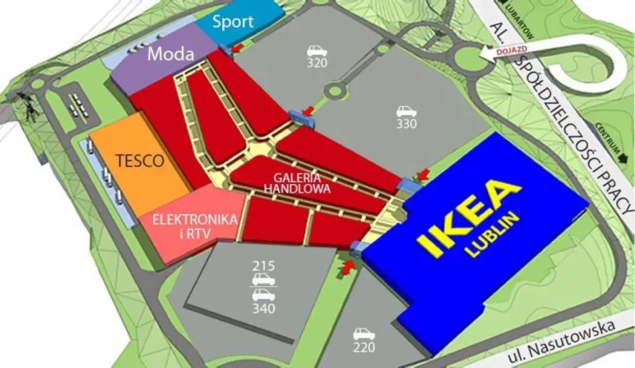 Mapa lokalizacji sklep&oacute;w IKEA w Polsce z zaznaczonymi liniami komunikacji miejskiej