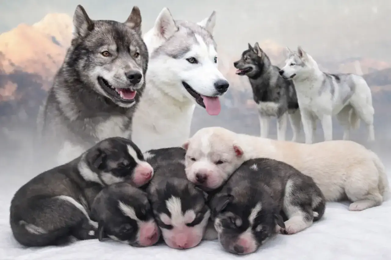 Słodkie szczenięta husky i ich rodzice. Zastanawiasz się, ile kosztuje pies husky?