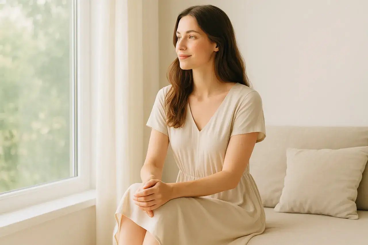 Kobieta w beżowej sukience z modalu, kt&oacute;ra jest ciepła i przyjemna w dotyku, siedzi przy oknie.