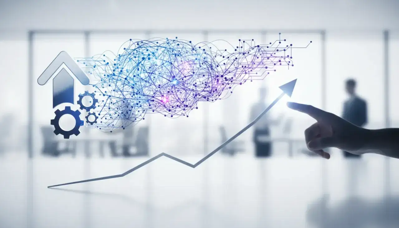 Grafika symbolizująca skalowanie biznesu: strzałka w g&oacute;rę, trybiki i sieć neuronowa nad liniowym wykresem wzrostu.
