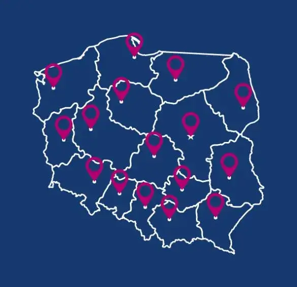 Mapa Polski z zaznaczonymi ośrodkami leczenia HIV/AIDS