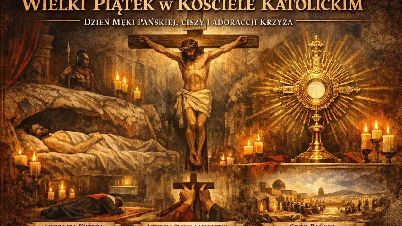 Wielki Piątek w kościele: Jezus na krzyżu, w grobie, adoracja krzyża i monstrancja. Dzień Męki Pańskiej.