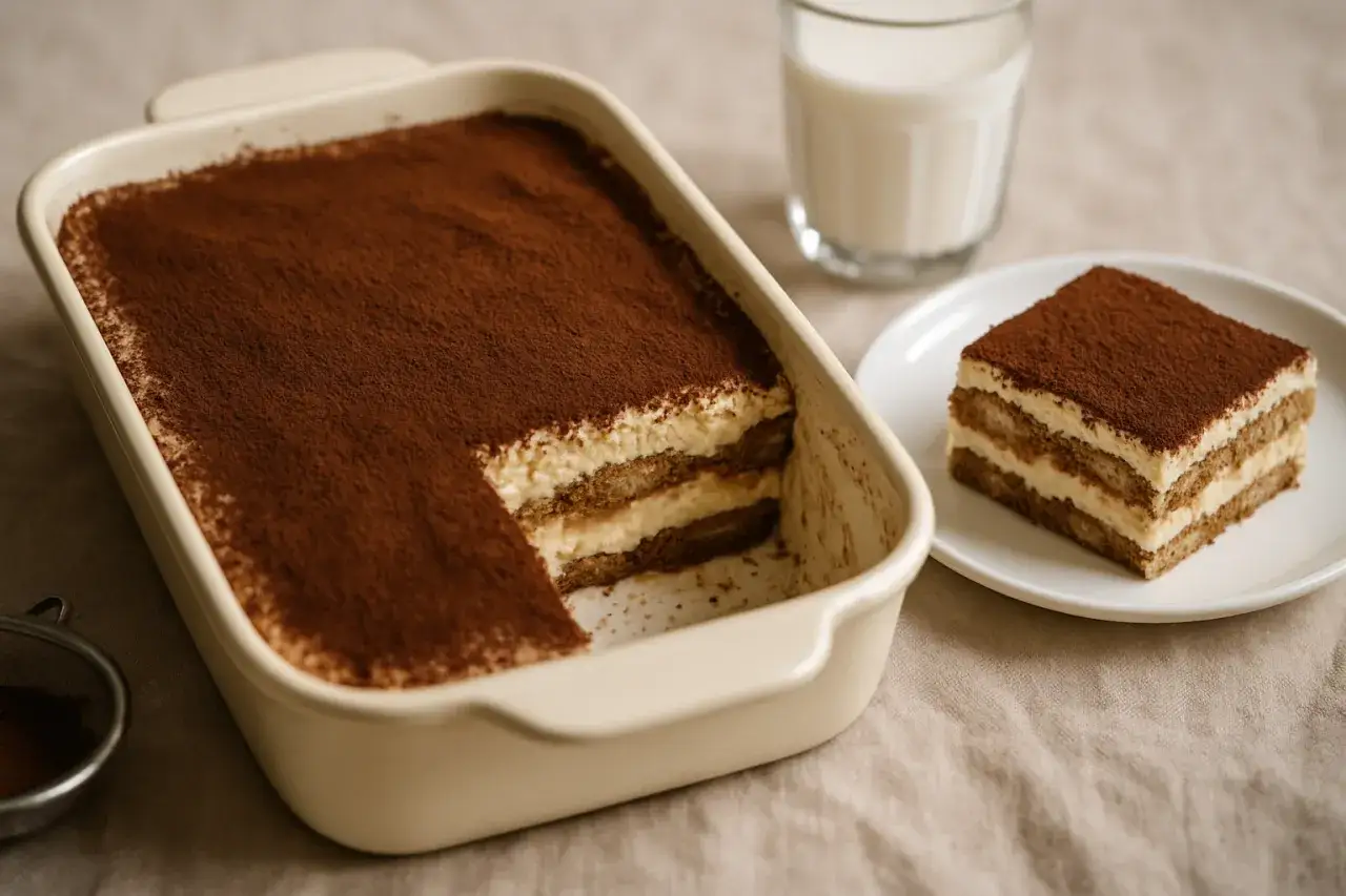 Pyszne tiramisu w naczyniu i na talerzyku, posypane kakao. Idealne, by dowiedzieć się, jak zrobić tiramisu.