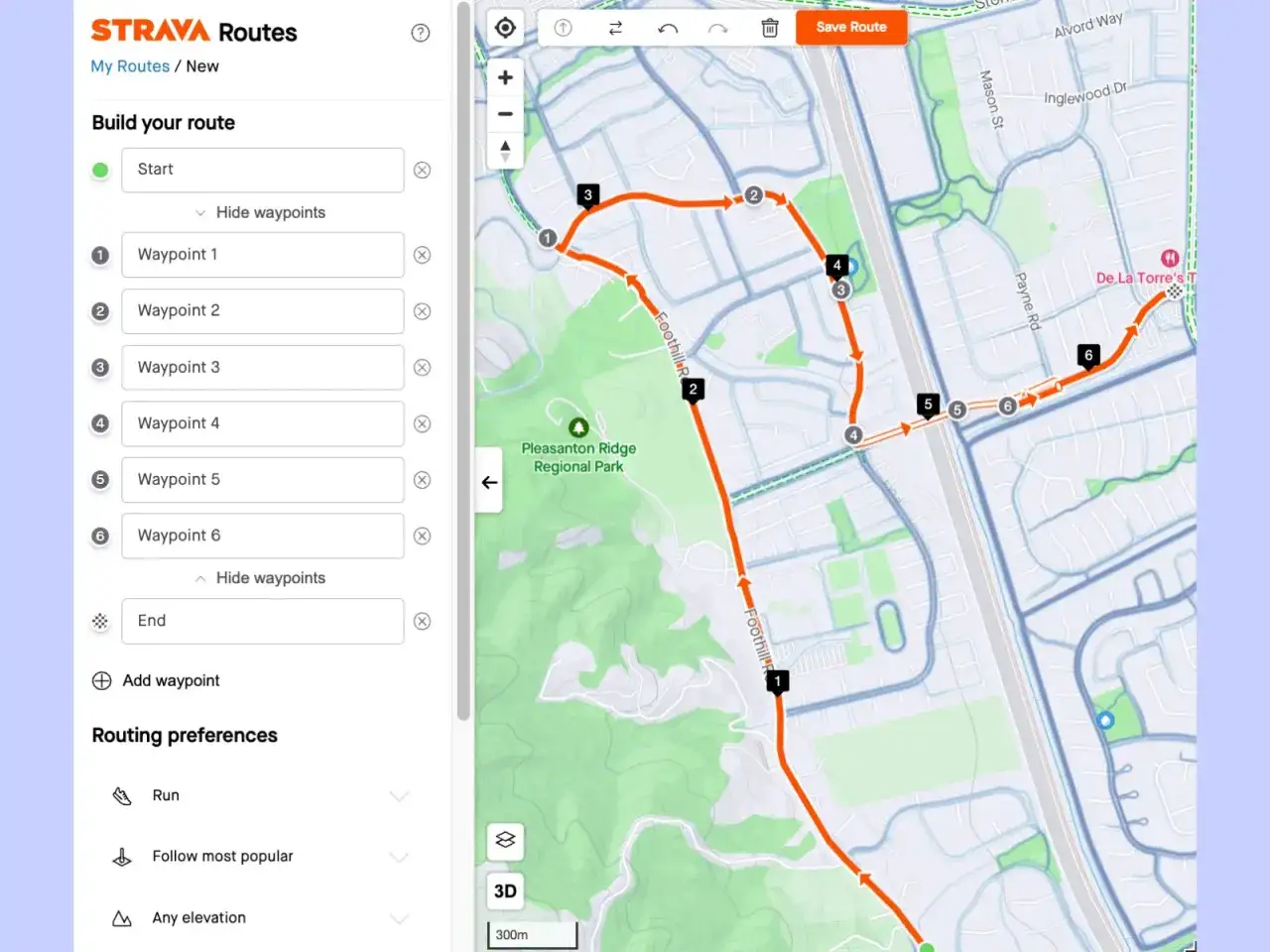 Aplikacja do wyznaczania trasy biegu na mapie. Użytkownik dodaje punkty trasy, tworząc optymalną ścieżkę.
