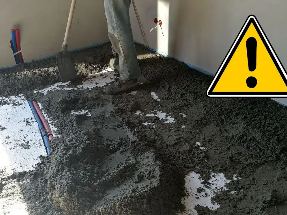 Praca nad wylewką: jaki beton na wylewkę wybrać? Robotnik rozkłada masę łopatą. Obok rury i izolacja.