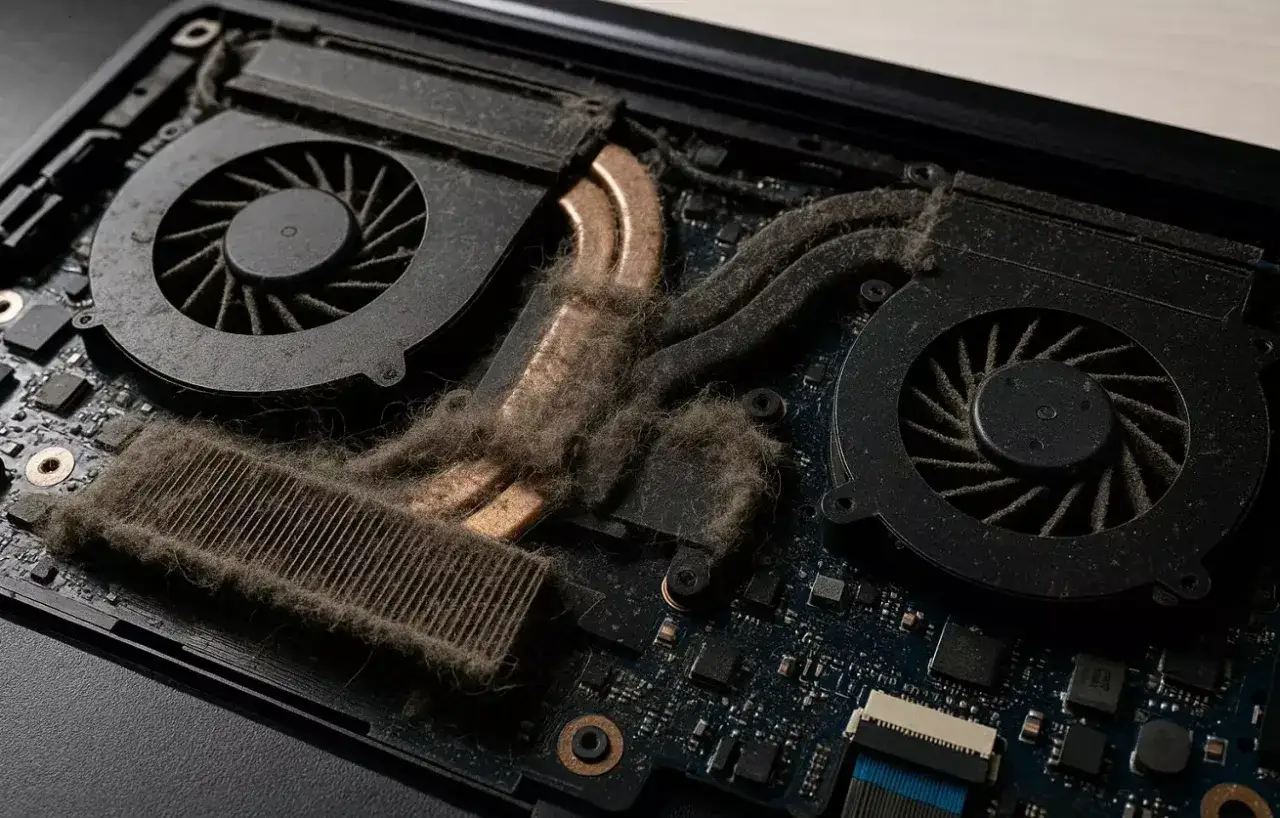 Zatkane kurzem wentylatory i radiatory laptopa to częste objawy przegrzania. Kurz blokuje przepływ powietrza, prowadząc do problem&oacute;w z temperaturą.