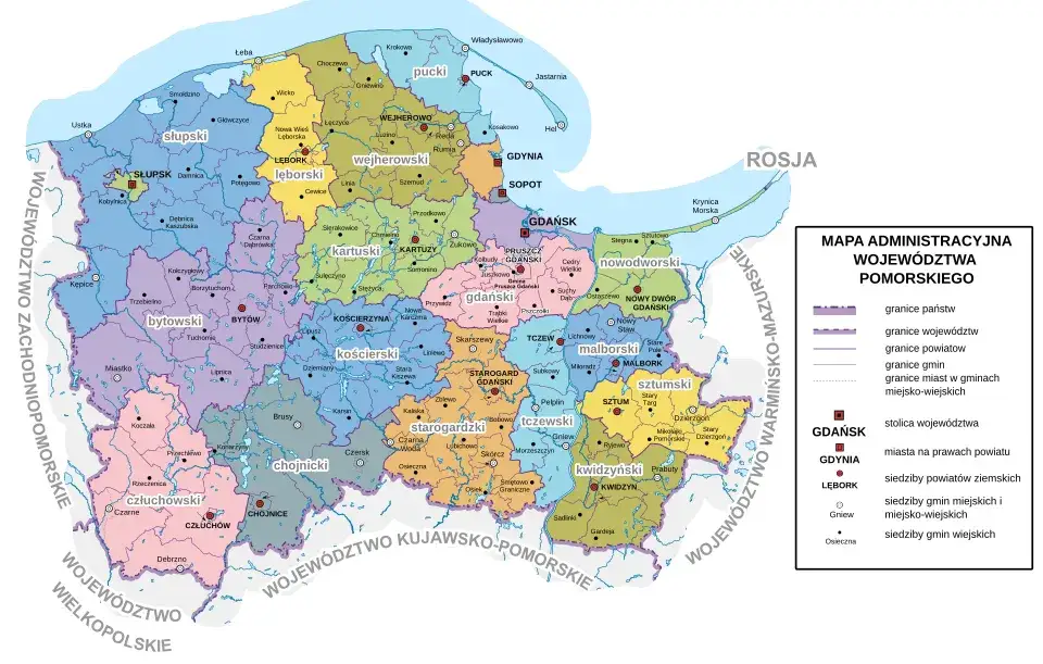 Mapa Polski z zaznaczonym wojew&oacute;dztwem pomorskim i Łebą