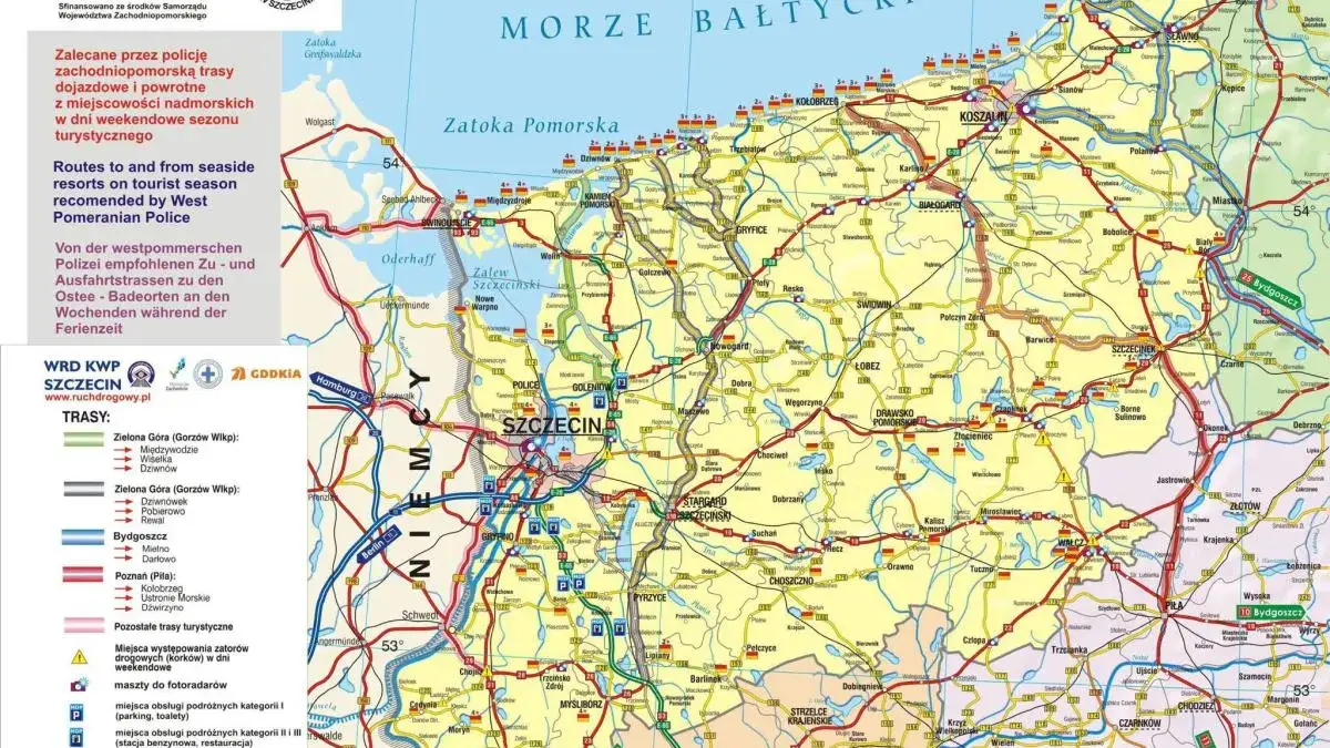 Mapa Polski z zaznaczonymi węzłami kolejowymi (Szczecinek, Białogard, Koszalin) i Połczynem-Zdrojem