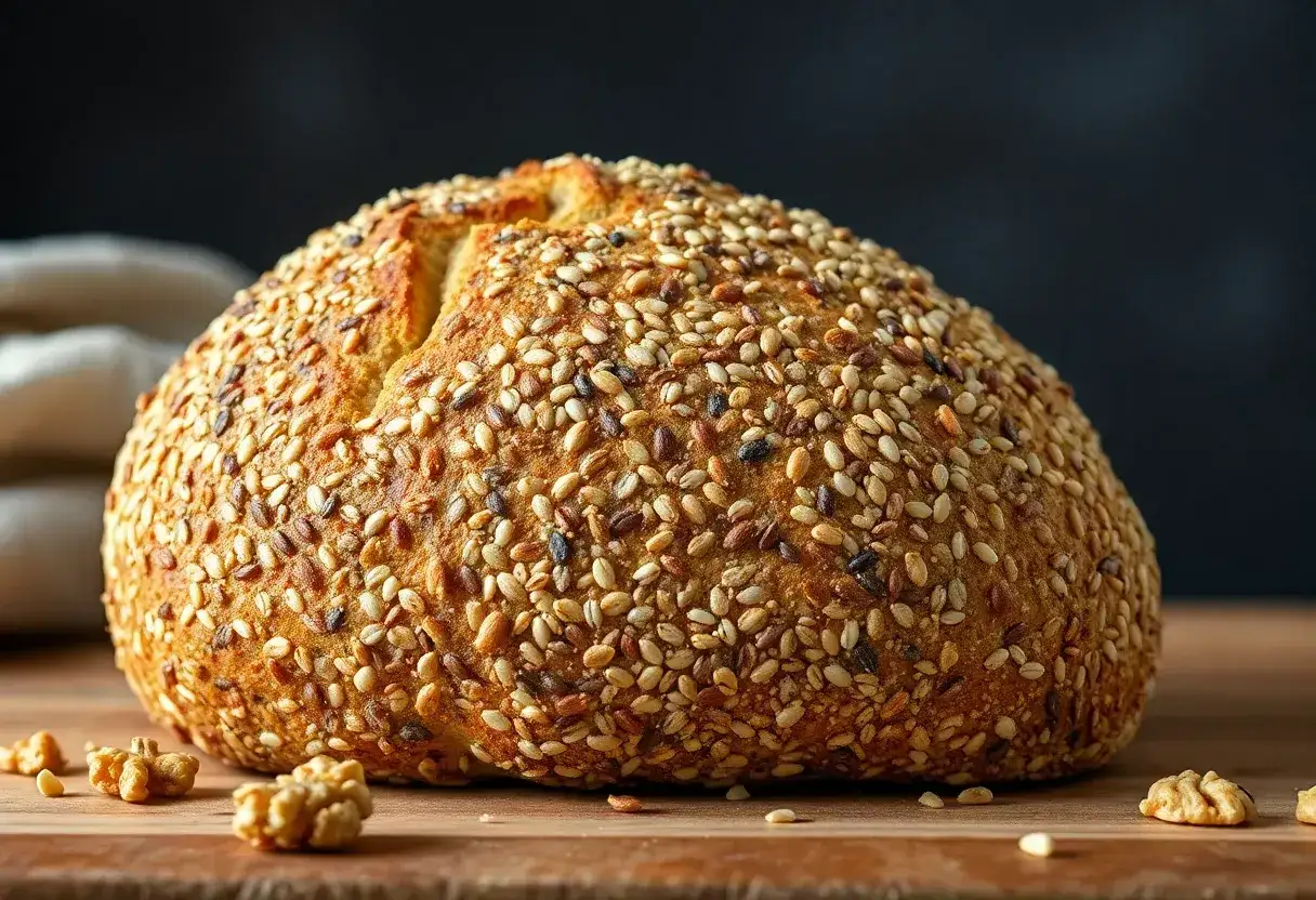 Chleb bezglutenowy posypany sezamem i innymi ziarnami, idealny do przygotowania według przepisu.