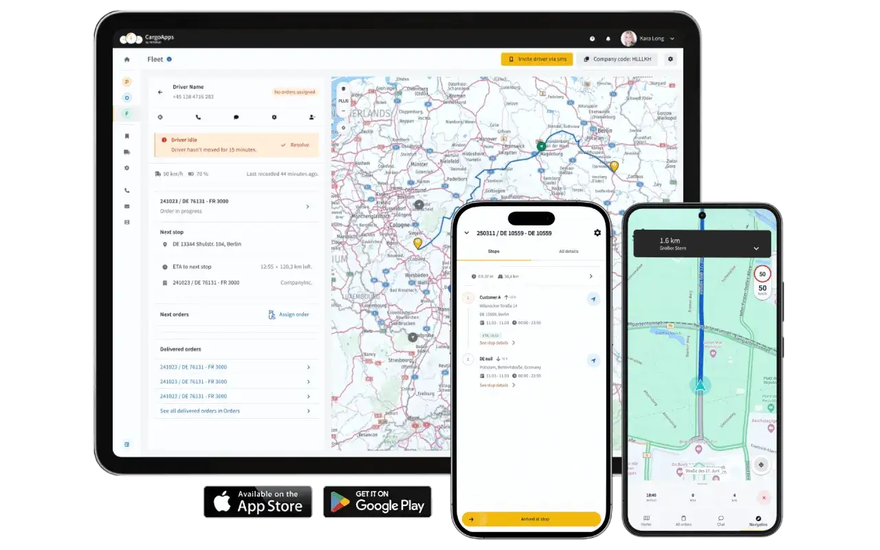 Najlepsza nawigacja dla ciężar&oacute;wek na telefon: aplikacja CargoApps pokazuje trasę, kolejne postoje i status zam&oacute;wień, ułatwiając logistykę.