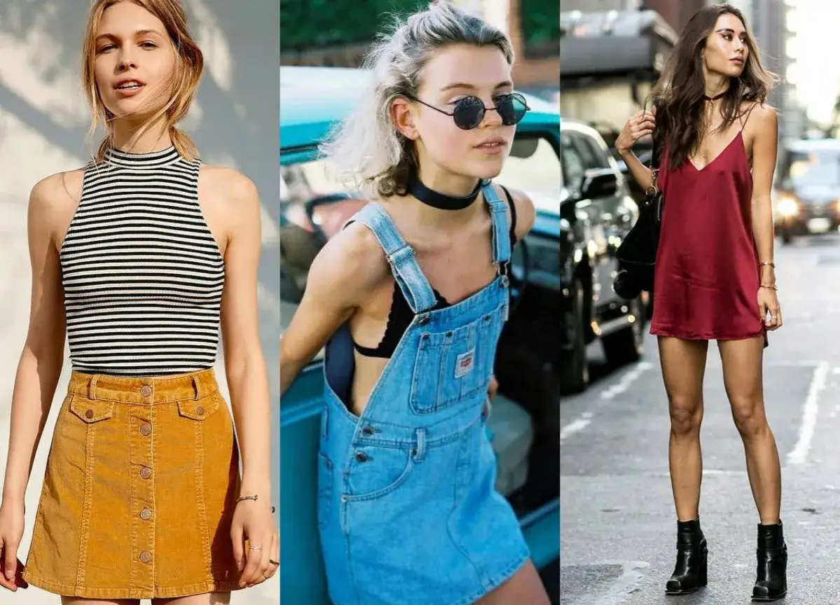 Moda lat 90 w Polsce: dziewczyny w sztruksowej sp&oacute;dniczce, ogrodniczkach i satynowej sukience.