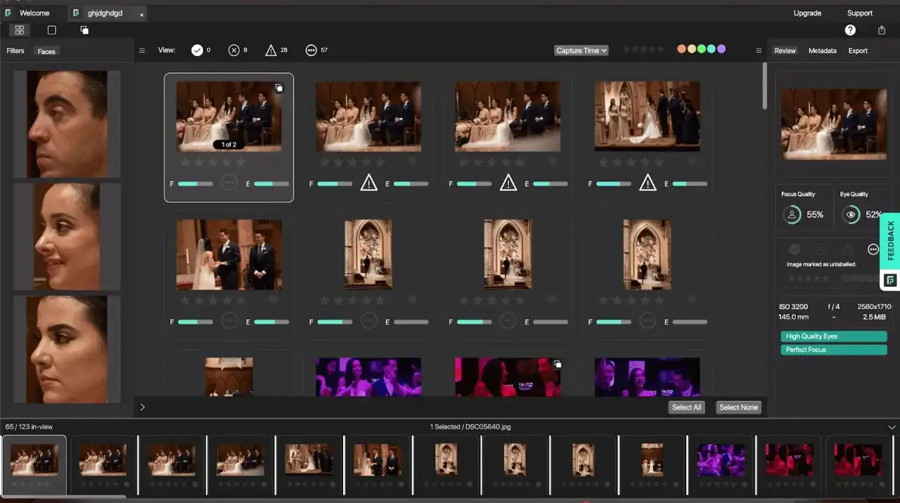 Program do selekcji zdjęć ślubnych. Widok siatki z miniaturami fotografii, z analizą ostrości i jakości oczu.
