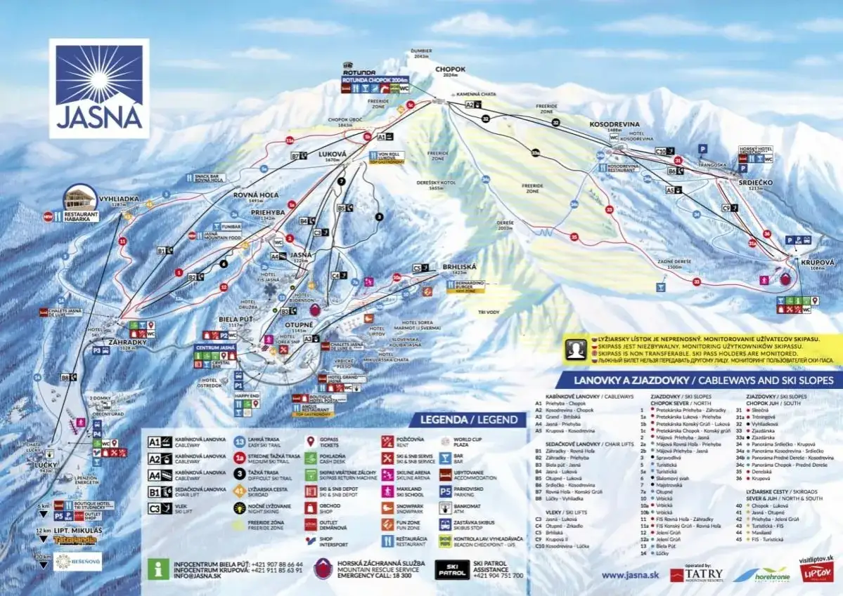 Mapa stoki narciarskie Słowacja, Jasna. Widok z lotu ptaka na góry, trasy zjazdowe, wyciągi i infrastrukturę ośrodka.