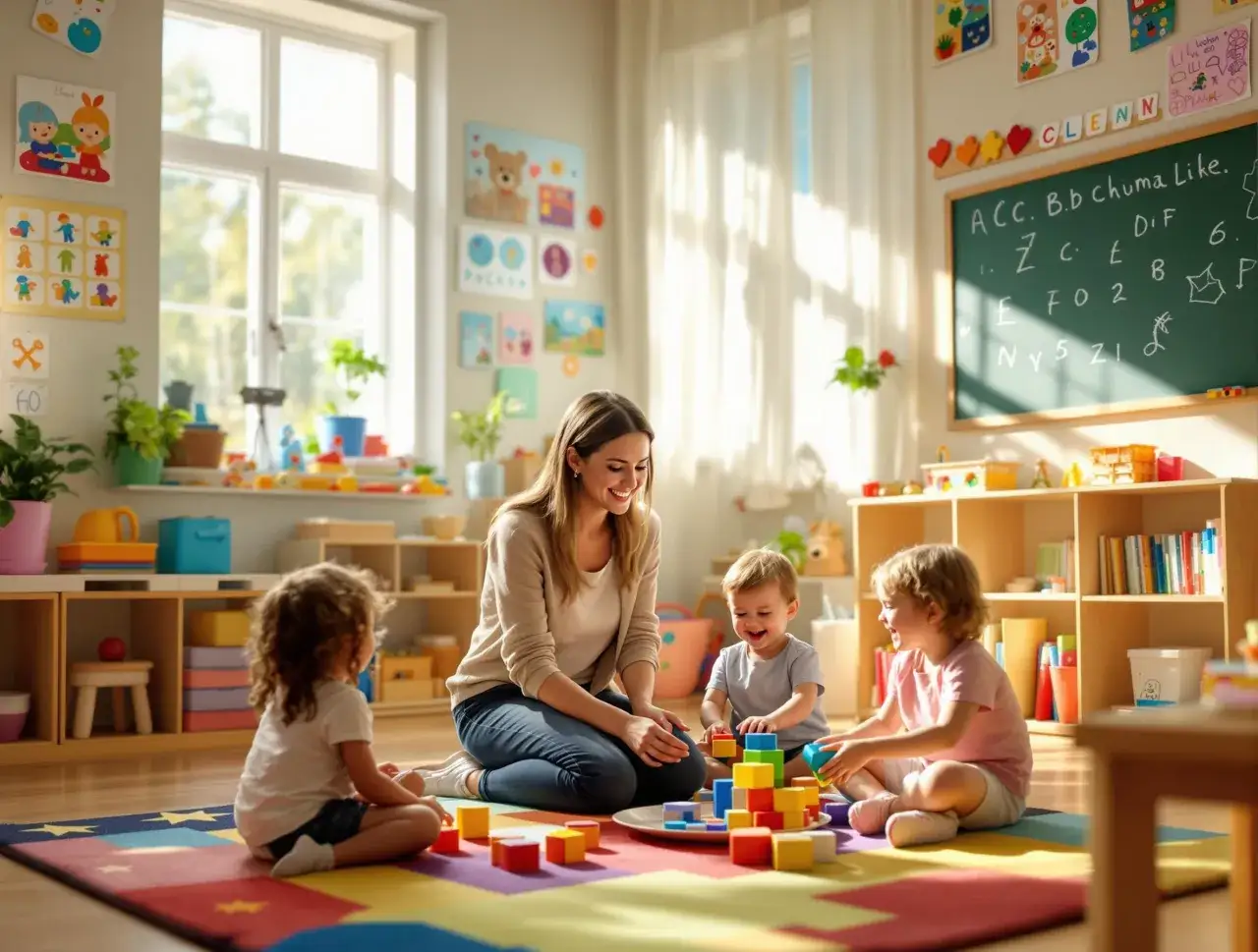 Uśmiechnięta przedszkolanka bawi się klockami z dziećmi. Ile zarabia przedszkolanka w prywatnym przedszkolu? To pytanie nurtuje wielu rodziców.