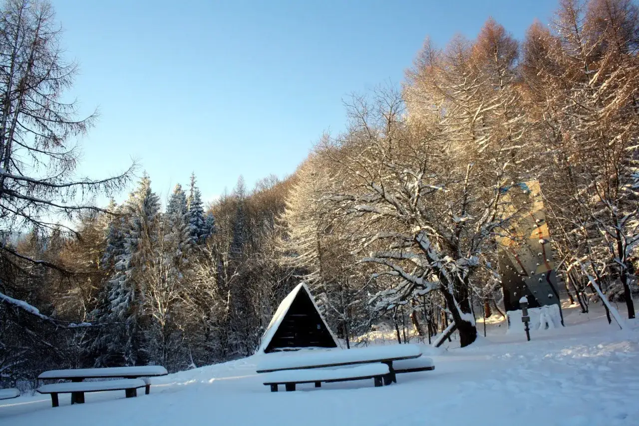 Zimowy krajobraz z małą bac&oacute;wką na Rawce. Śnieg pokrywa drzewa i ławki, tworząc bajkową scenerię.