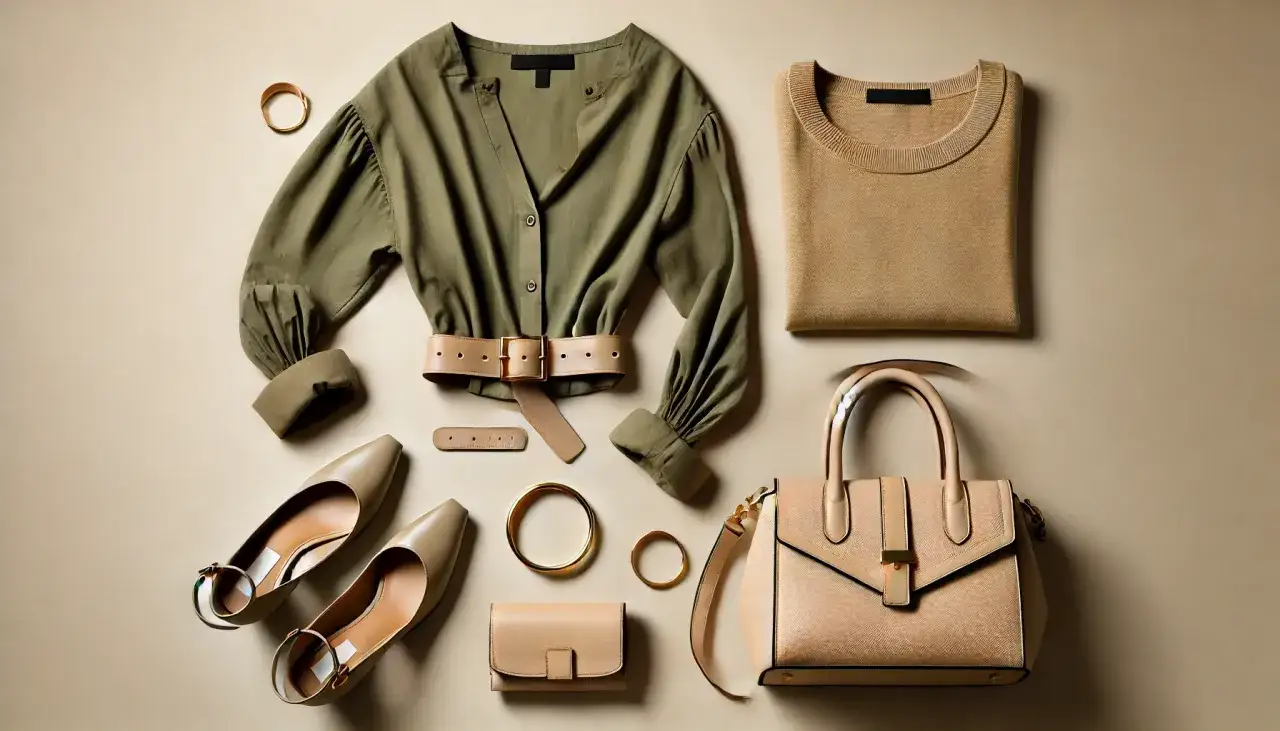 Elegancki zestaw: bluzka w kolorze oliwkowym ciemnym, beżowy sweter, torebka, buty i akcesoria.