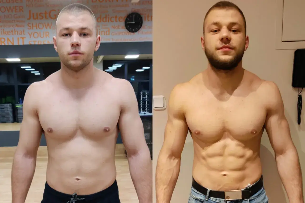 przemiana sylwetki przed i po treningu siłowym, estetyczne ciało