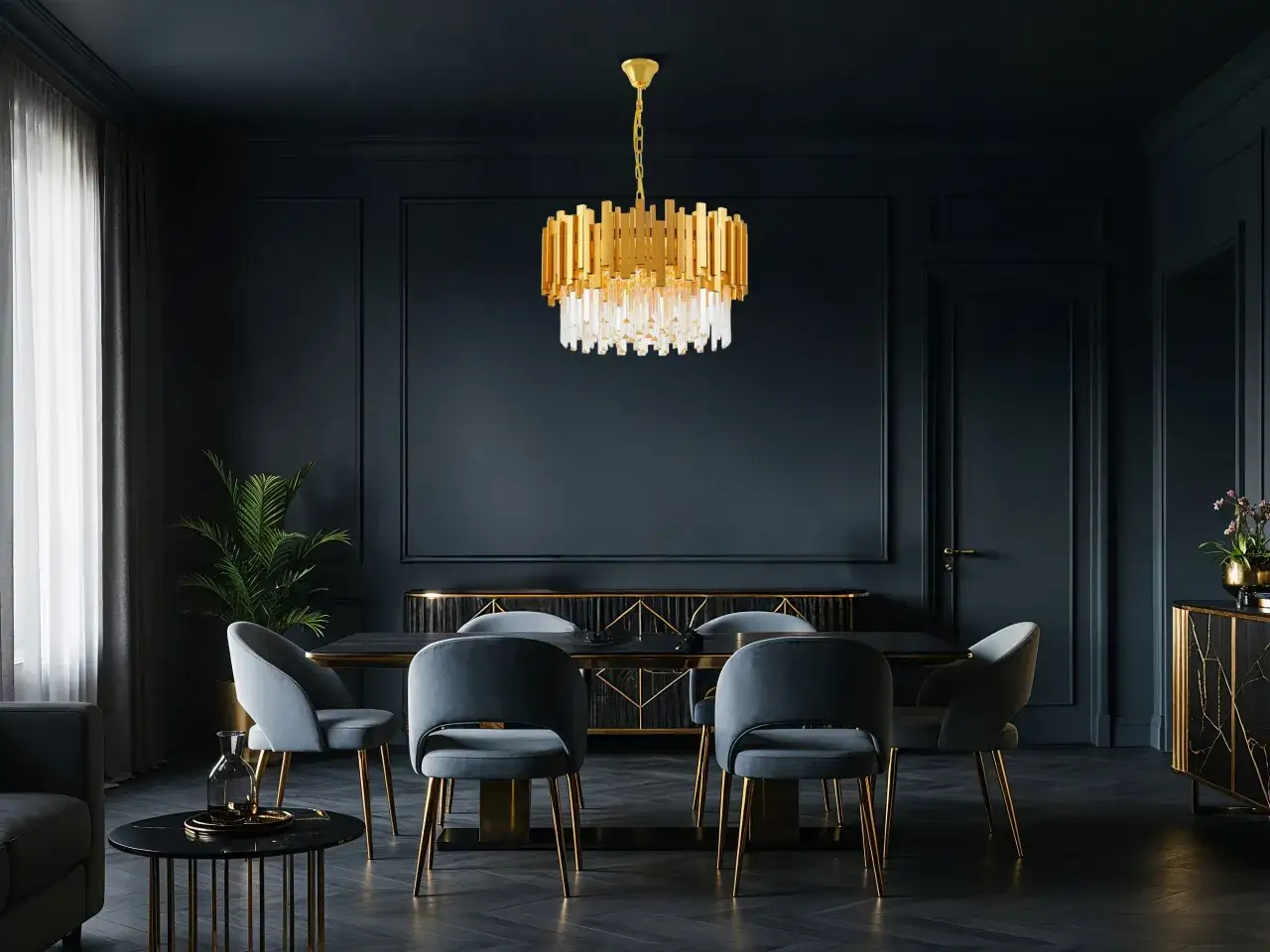 Elegancka jadalnia z kryształowym żyrandolem, dziełem polskiego producenta żyrandoli. Złote detale i ciemne barwy tworzą luksusową atmosferę.